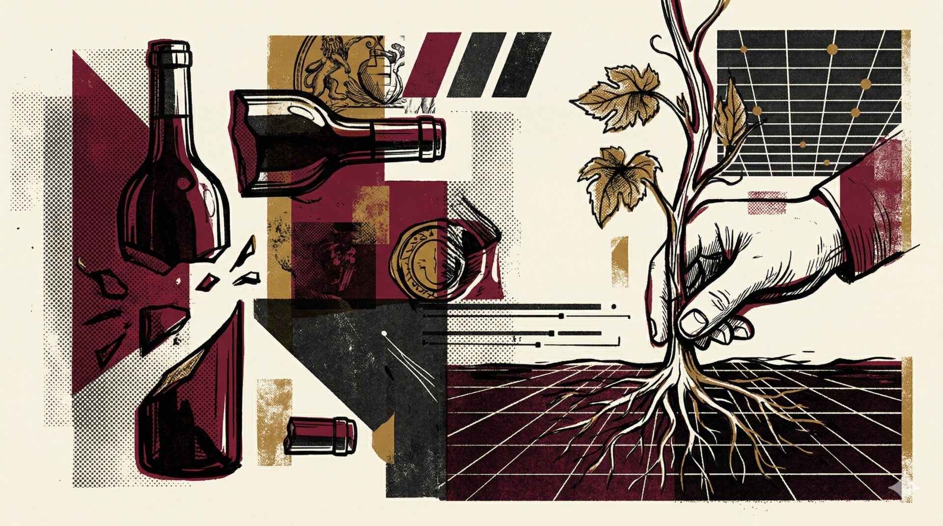 Troebele fles natuurwijn op houten plank met biologische wijngaard op de achtergrond