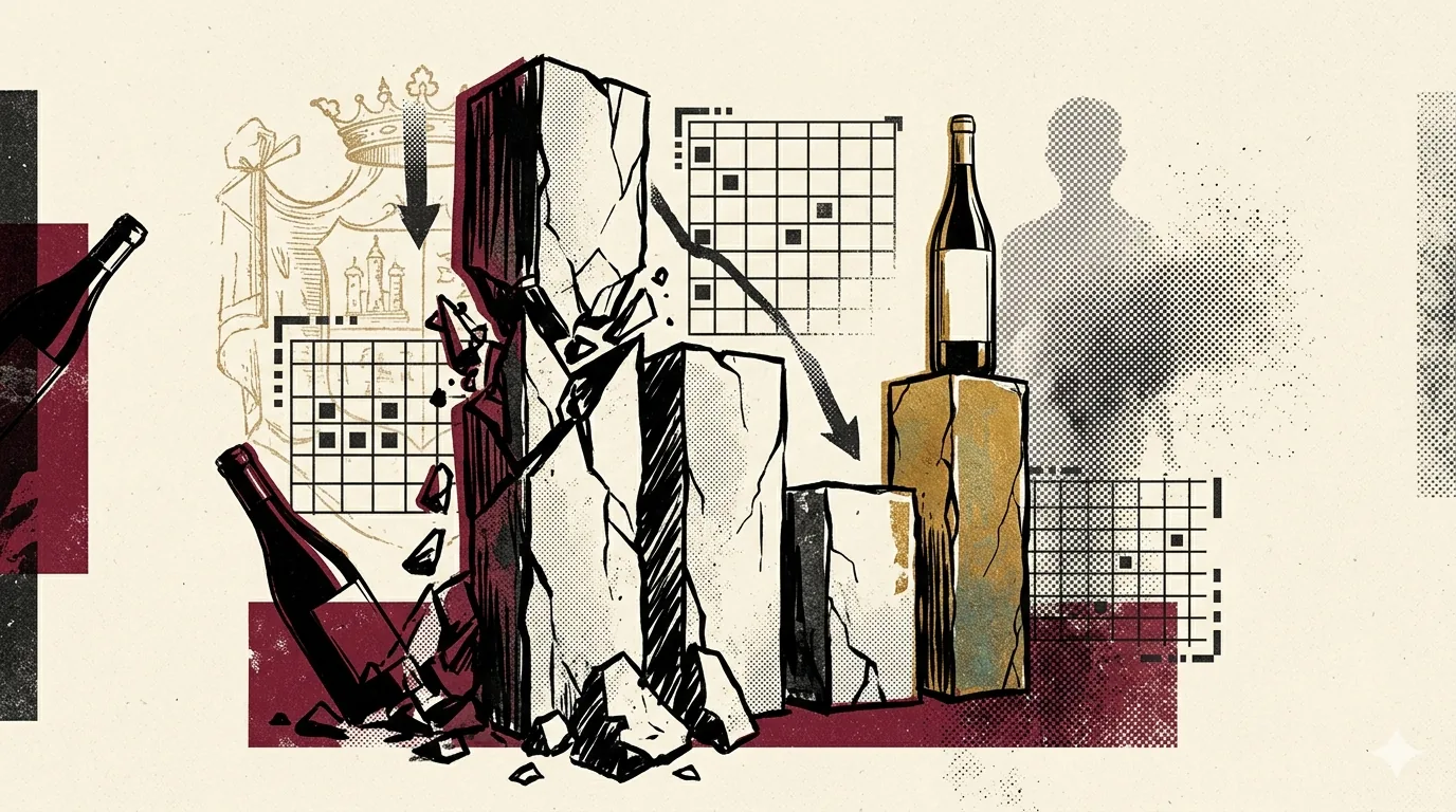Brutalistische illustratie van een gefragmenteerde stenen staafgrafiek, één kolom stort in scherven terwijl een kleinere vergulde kolom met intacte wijnfles oprijst — metafoor voor wijnmarkt 2026.