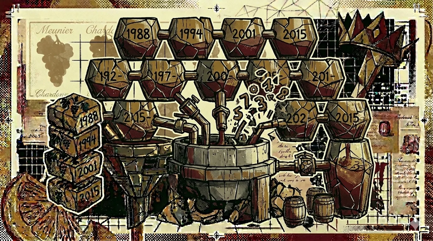 Solera-achtige stapel van vaten die in centrale assemblage-vat stromen, met jaartal-fragmenten, brutalistische compositie