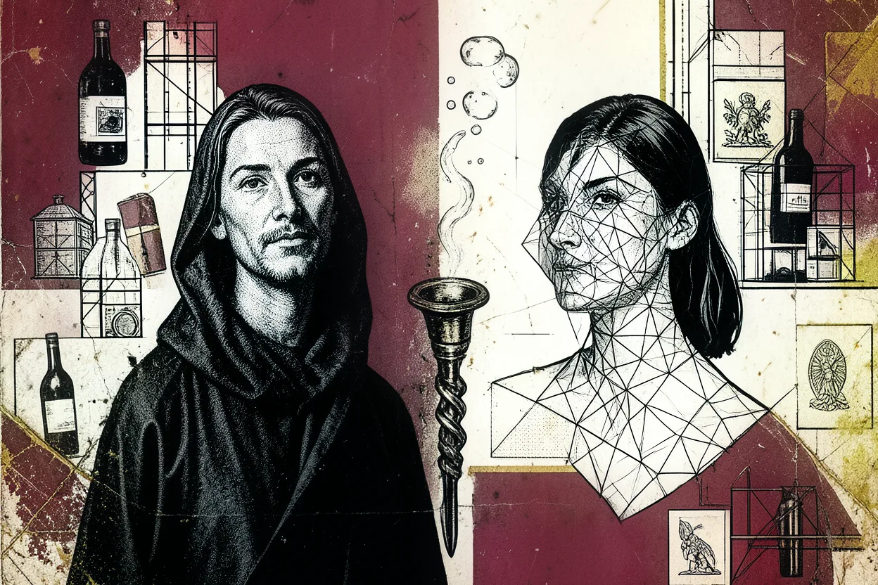 Tweeluik portret van klassieke maison-monnik en hedendaagse vigneronne, brutalist collage