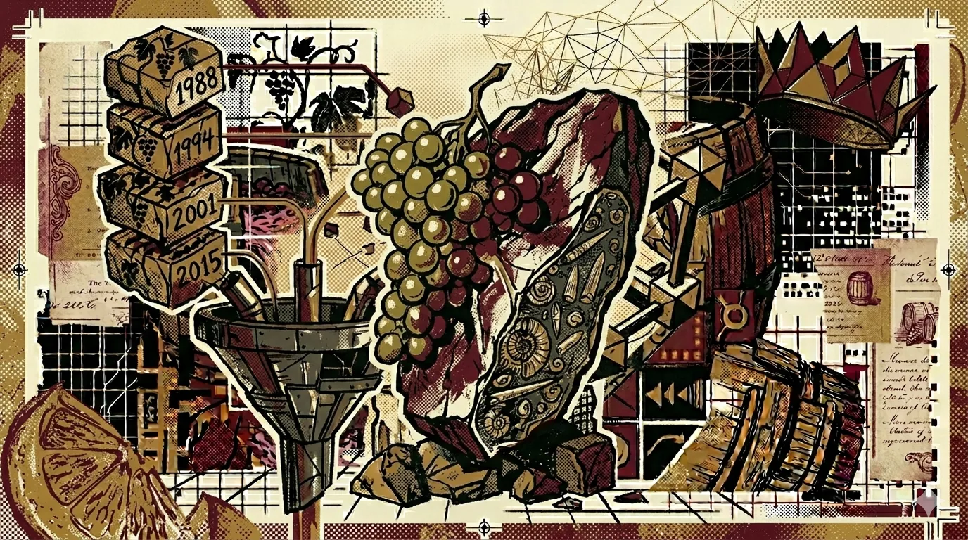 Druiventros gefuseerd met blok belemniet-krijt, fossielen zichtbaar in het krijt, brutalistische compositie