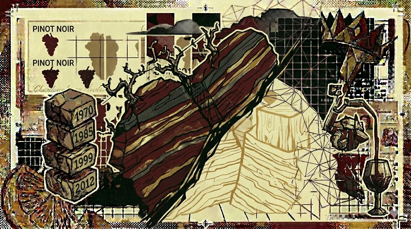Kimmeridgian kalksteen op dertig graden helling met Pinot Noir-wijngaarden, brutalistische compositie