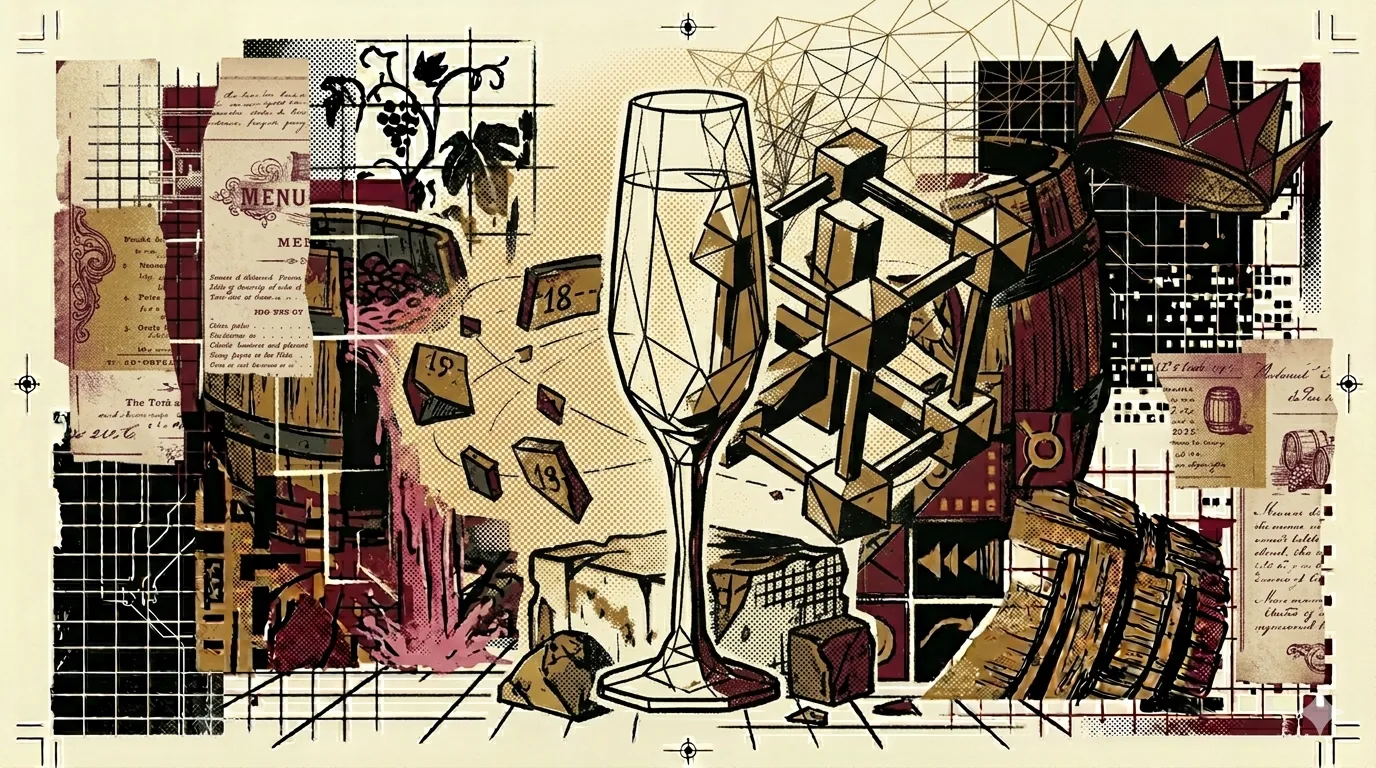 Suikerkristal-rooster gefuseerd met champagneglas-contour, brutalistische compositie