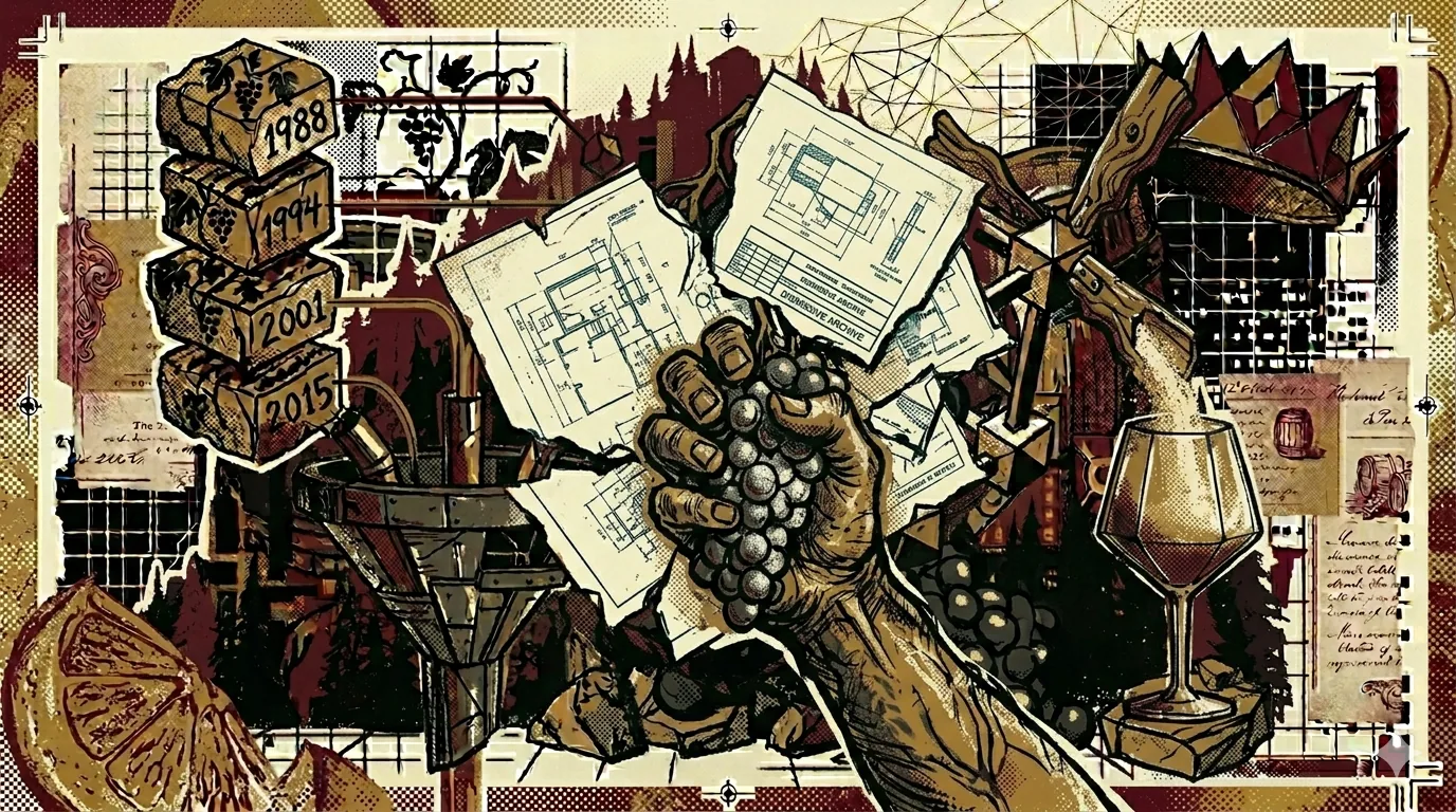 Boerenhand die een Meunier-tros terugneemt van afgescheurde minachtende blauwdrukken, molenblad dat in wijnglas verandert, brutalistische compositie